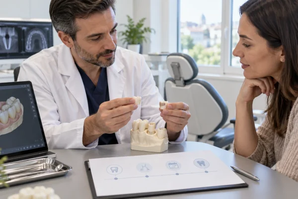 Dentista confronta corona provvisoria e definitiva durante la pianificazione del trattamento