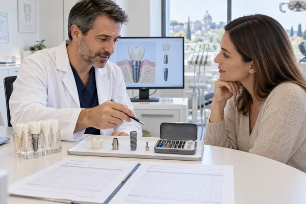Dentista e paziente esaminano componenti e voci di un preventivo per protesi su impianti
