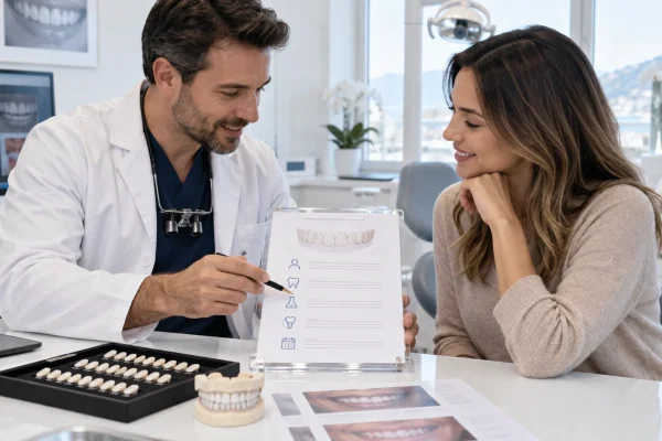 Dentista e paziente valutano faccette, campioni e preventivo completo per dente