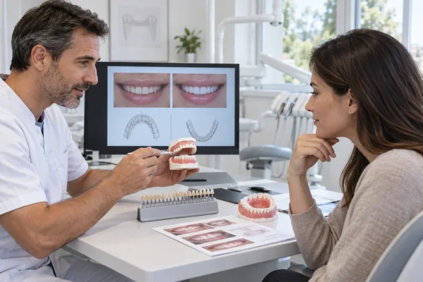 Dentista e paziente discutono numero di arcate, colore e risultato naturale delle faccette