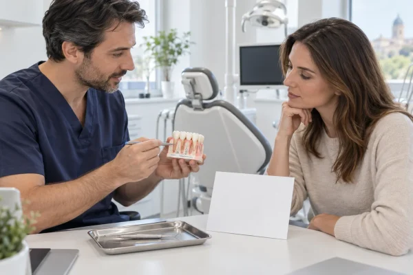 Dentista valuta gengive e tessuti su un modello prima di discutere le faccette dentali