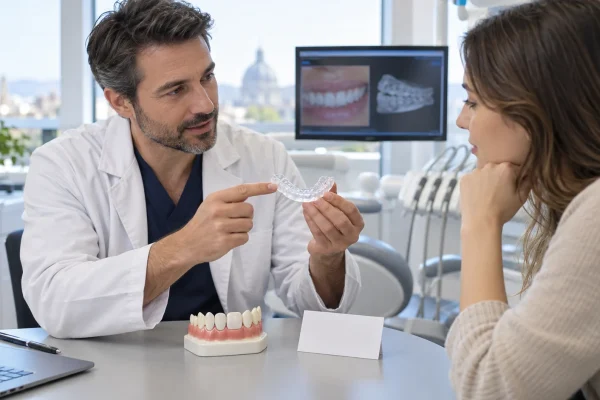 Dentista spiega un bite di protezione a un paziente con faccette e bruxismo