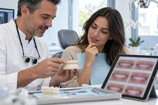 Dentista e paziente valutano un mock-up e casi clinici anonimizzati prima delle faccette