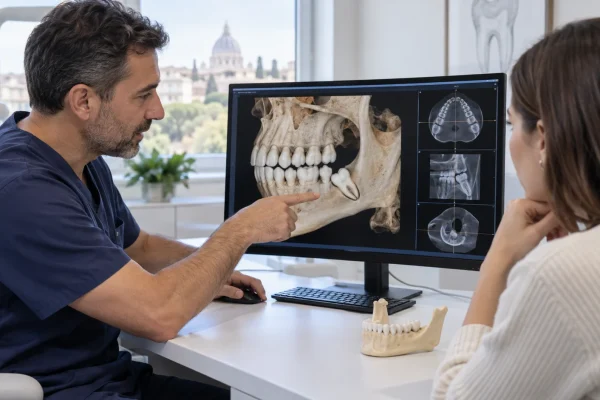Dentista spiega una TAC del dente del giudizio incluso a un paziente durante la consulenza