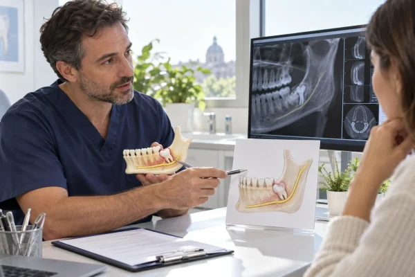 Chirurgo orale illustra su un modello il rapporto tra dente del giudizio e nervo mandibolare