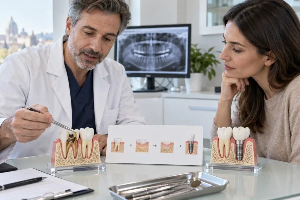 Dentista spiega il passaggio da un dente compromesso alla pianificazione di un impianto