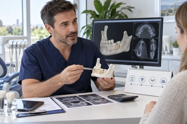 Dentista illustra esami e guarigione di un innesto osseo dentale con un modello mandibolare