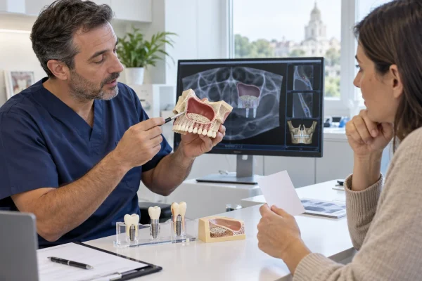 Chirurgo orale spiega il rialzo del seno mascellare con un modello e una scansione diagnostica