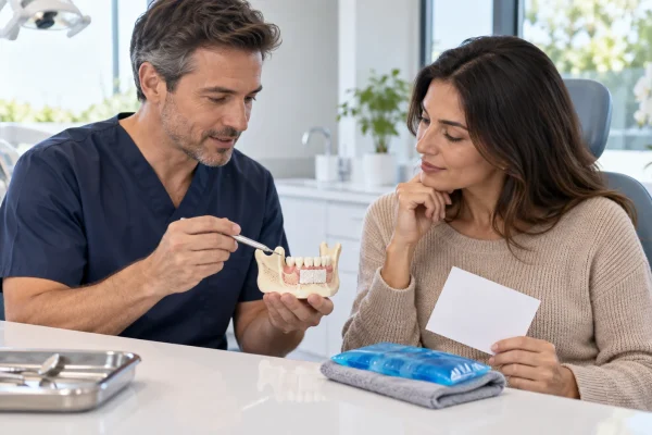 Dentista e paziente discutono follow-up, gonfiore e segnali dopo un innesto osseo