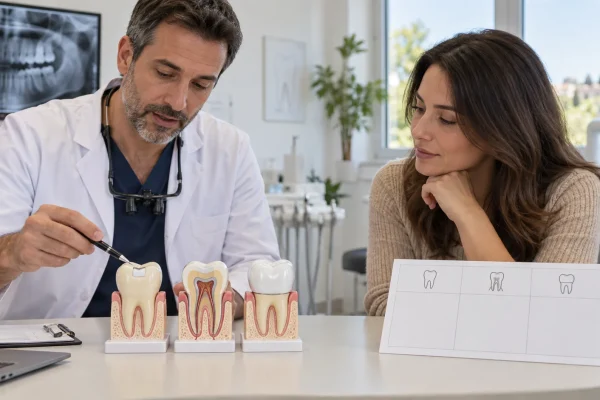 Dentista confronta otturazione, terapia canalare e corona su modelli durante una consulenza