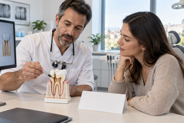 Dentista spiega su un modello quando un dente devitalizzato può richiedere una corona