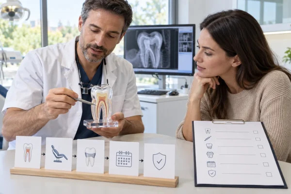 Dentista e paziente esaminano sedute, costi e voci di un preventivo per terapia canalare