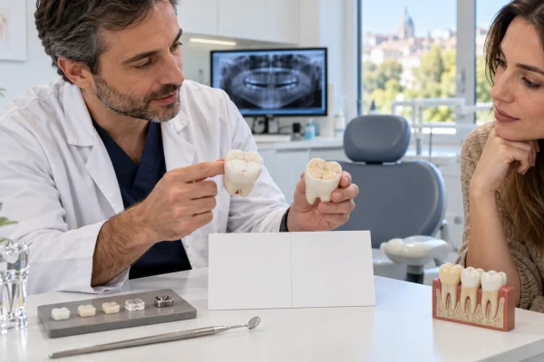 Dentista confronta intarsio e otturazione su modelli dentali durante una consulenza