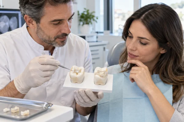Dentista mostra su due modelli la differenza tra inlay e onlay e le relative indicazioni