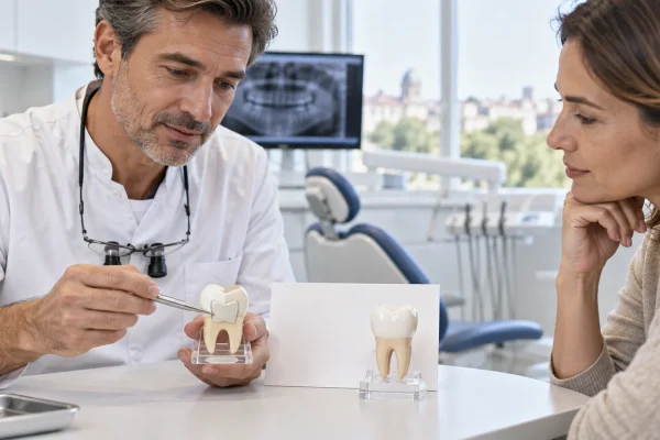 Dentista confronta ricostruzione conservativa e corona su modelli durante una consulenza