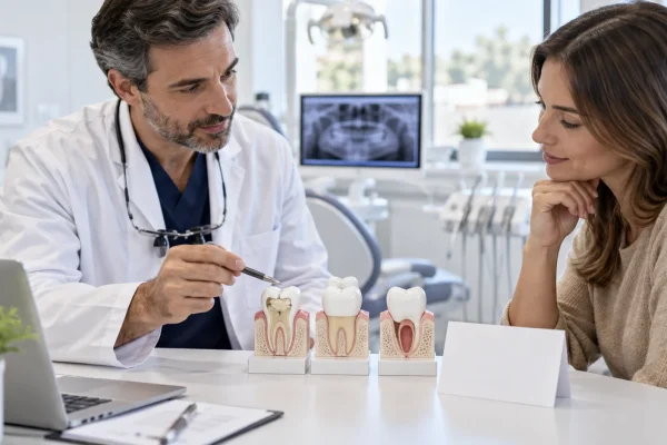 Dentista e paziente discutono ricostruzione, corona o estrazione per un dente fratturato