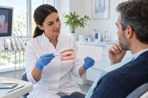 Dentista insegna igiene delle gengive con modello dentale e spazzolino durante una visita