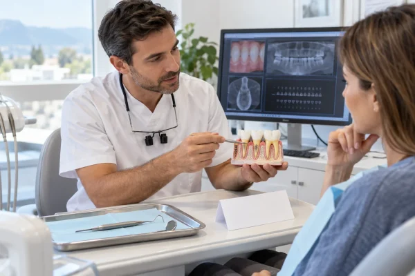 Dentista illustra esami e valutazione parodontale con modello dentale e scansione diagnostica