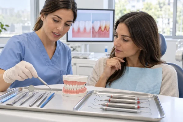 Igienista confronta strumenti per pulizia dentale e cure parodontali durante una consulenza