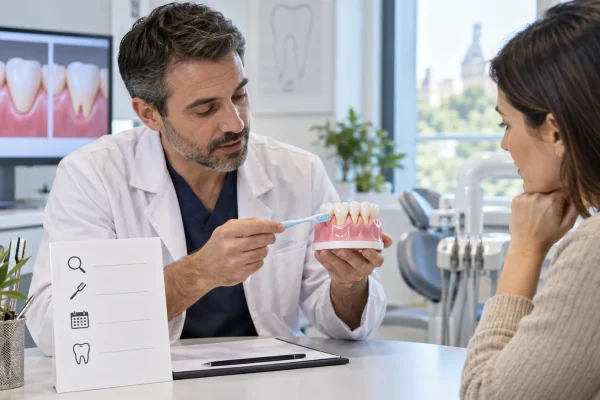 Dentista spiega cause e opzioni per la recessione gengivale con modello e spazzolino
