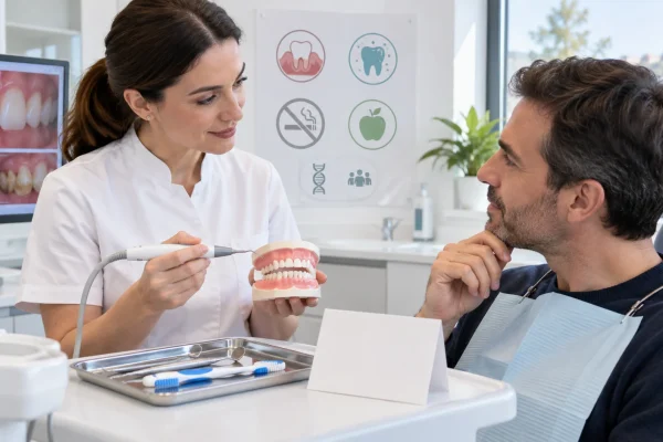 Igienista spiega frequenza della detartrasi con strumenti e modello dentale