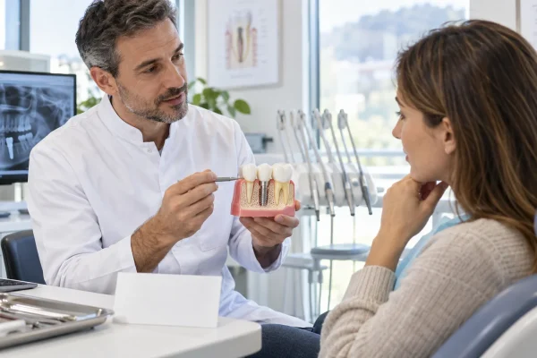 Dentista discute rischi e manutenzione degli impianti con un modello implantare