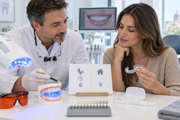 Dentista e paziente confrontano sbiancamento professionale e domiciliare con guida del colore