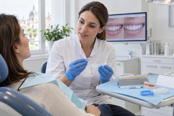 Dentista prepara il paziente allo sbiancamento discutendo sensibilità e protezione delle gengive