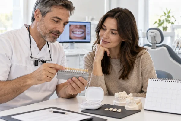 Dentista e paziente pianificano tempi dello sbiancamento prima di valutare le faccette