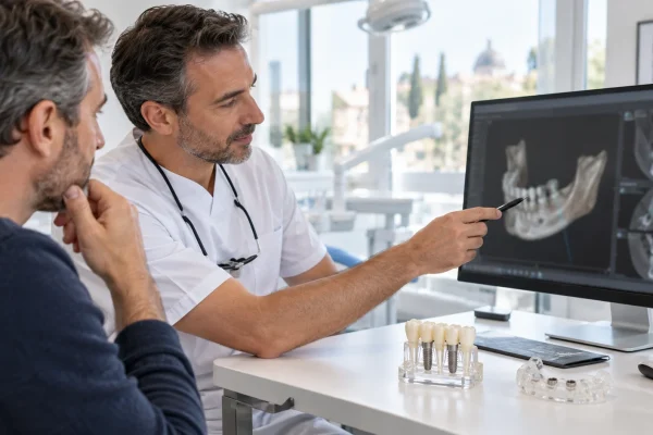 Dentista esamina una TAC Cone Beam per pianificare un impianto dentale