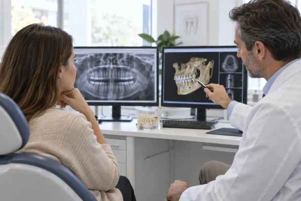 Dentista confronta una panoramica e una CBCT durante una consulenza diagnostica