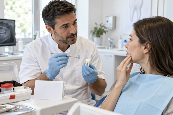 Dentista valuta un paziente dopo un trauma dentale e spiega le prime indicazioni