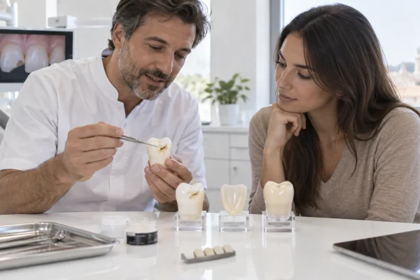 Dentista confronta bonding, faccetta e corona per un dente scheggiato