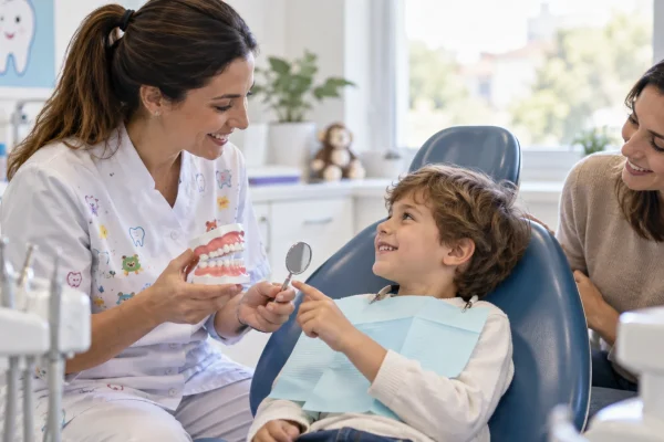 Dentista pediatrico presenta la prima visita odontoiatrica a un bambino con un genitore