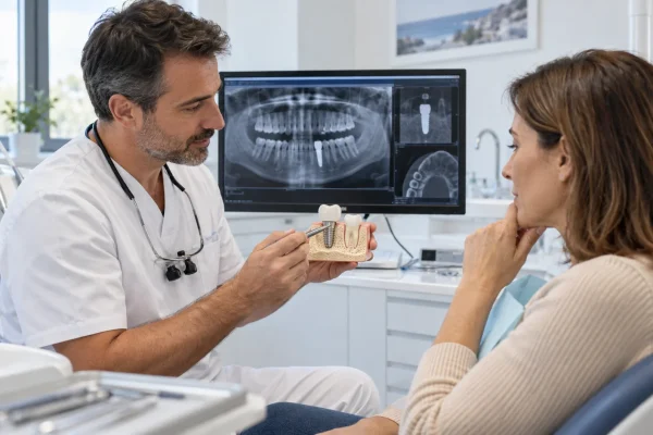 Implantologo esamina con un paziente un impianto dentale e le opzioni di gestione clinica